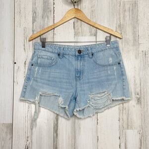BDG Freja Vintage Fit Shorts Blue Cutoff Denim Distressed Mid Rise Beach Size 28